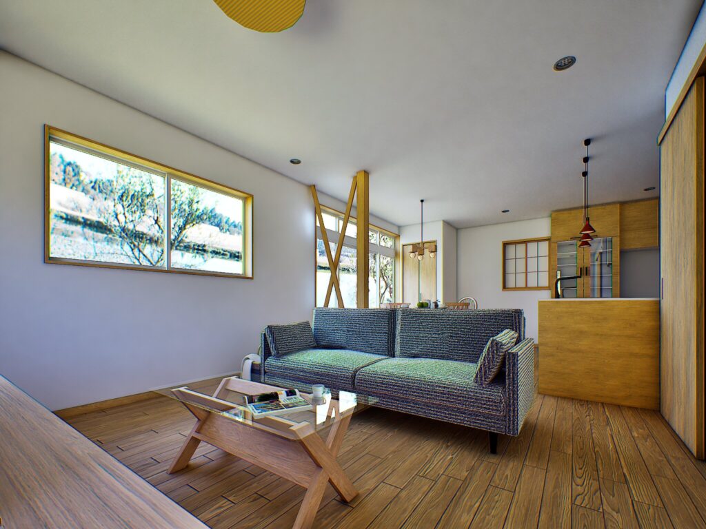 ソファに腰掛けると、大きな窓からの光と木の質感が心をおだやかに整えてくれます。生活動線を整理したこの住まいは、家族が自然と集まる温かい場所になるはずです。