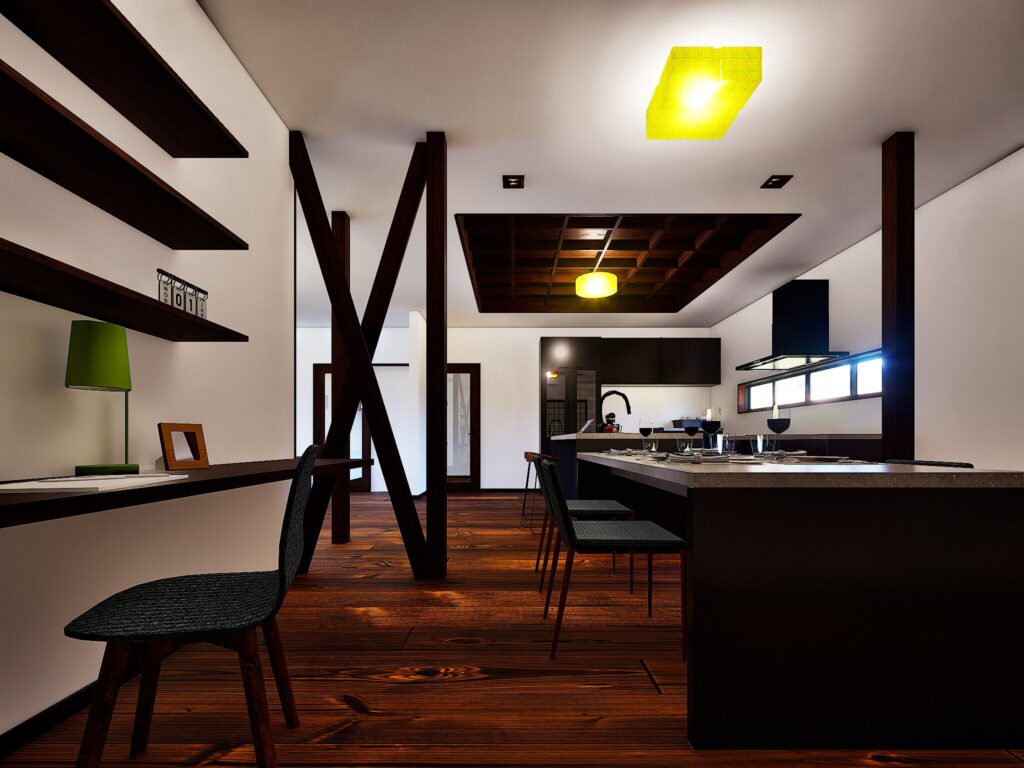 歴史を刻んだ柱や格子戸を、新しい暮らしの中心に据えました。古さと新しさが調和する、豊かな空間です。