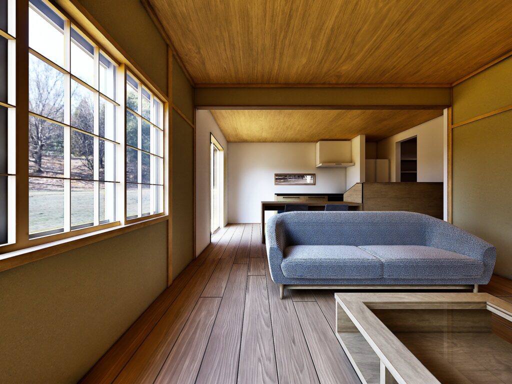 島田市御仮屋町のリノベーション住宅における格子窓とLDKのパース。既存建具の意匠を活かしつつ断熱性を高め、落ち着いた木目調の室内と庭の緑を緩やかに繋ぐ設計。