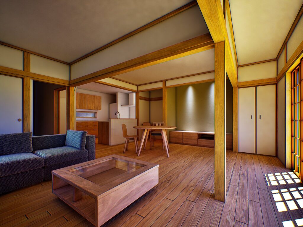 この中古住宅は、キッチン、リビング、和室がシームレスに繋がります。既存の和の骨組みを継承しつつ、ガラス戸やフローリングを採用し、現代の暮らしに馴染むよう再設計しました。