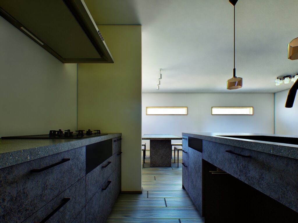 巾木から細部の仕上げまで丁寧に施されたキッチン収納は、使い勝手とデザインを両立させています。空き家の可能性を最大限に引き出した、こだわりの空間です。