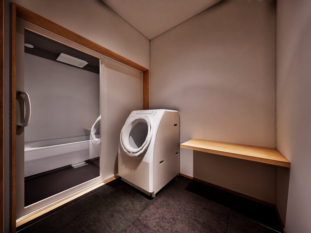 浴室との繋がりを意識した、日々のルーティンを快適にする間取り。素朴な木目が心落ち着く、清水区馬走の新しい住まいの提案です。