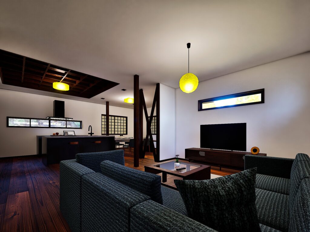 静岡の古い空き家が持つ、梁や筋交いの力強さをモダンに再生しました。格子窓から差し込む優しい光が印象的です。