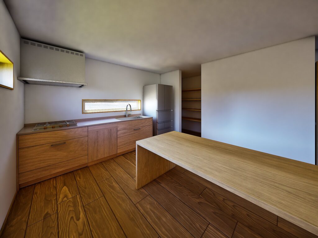 木の質感を大切にしたキッチンと、背後に設けた大容量のパントリーが、日々の家事動線を心地よく整えてくれます。