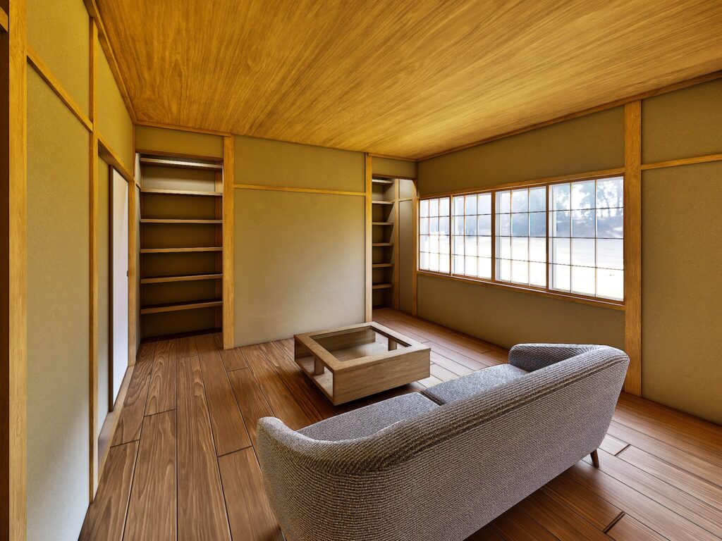 島田市御仮屋町の和モダンリビングのパース。和室の良質な柱構造を残しながら板張り床と壁面収納を設け、ソファを置いて寛げる洋風空間に転換したリノベーション。