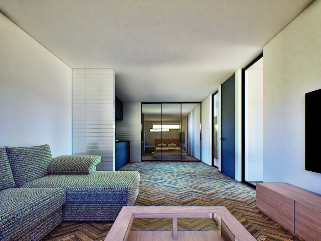 視線が奥の寝室まで抜ける工夫で、限られた広さでもゆったりと過ごせる間取りを実現しています。お気に入りの家具が似合う、素朴で落ち着いた空間です。