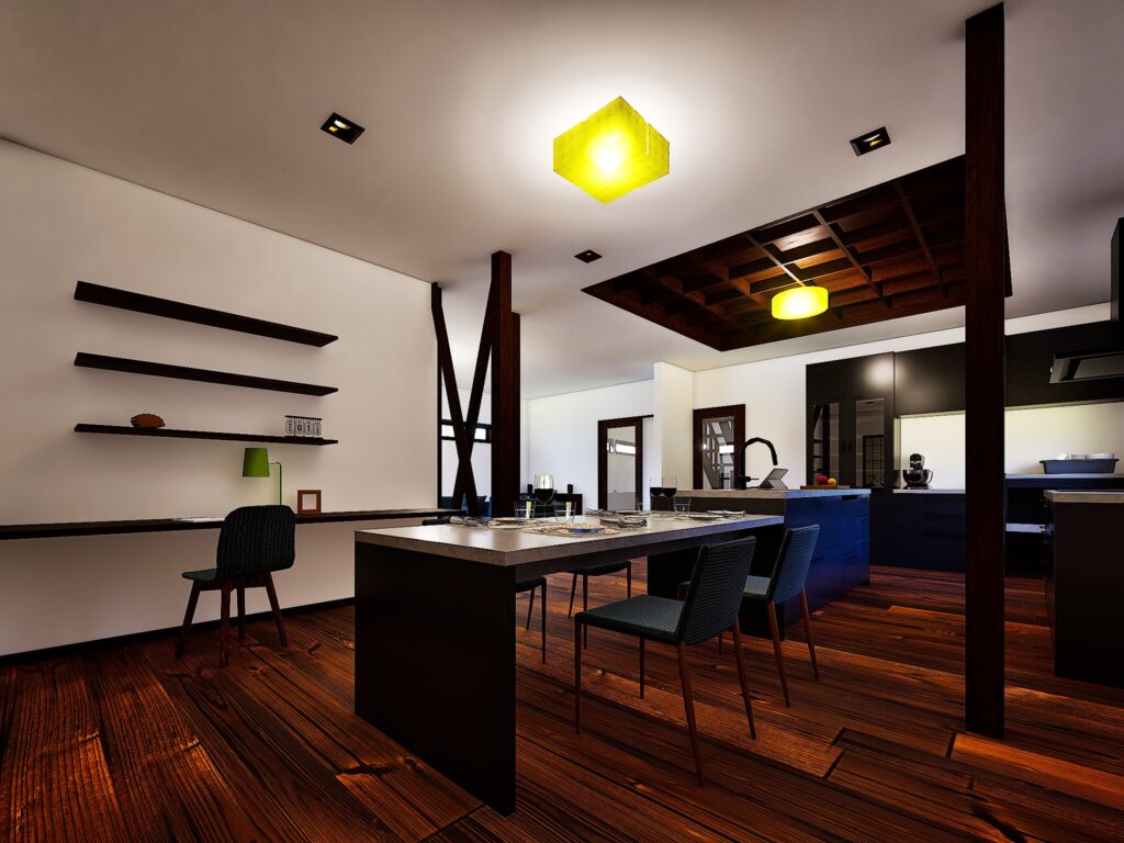 LDKの一角に、家族の気配を感じながら作業できる造作のスタディースペースを設けました。集中と団欒を両立する間取りです。