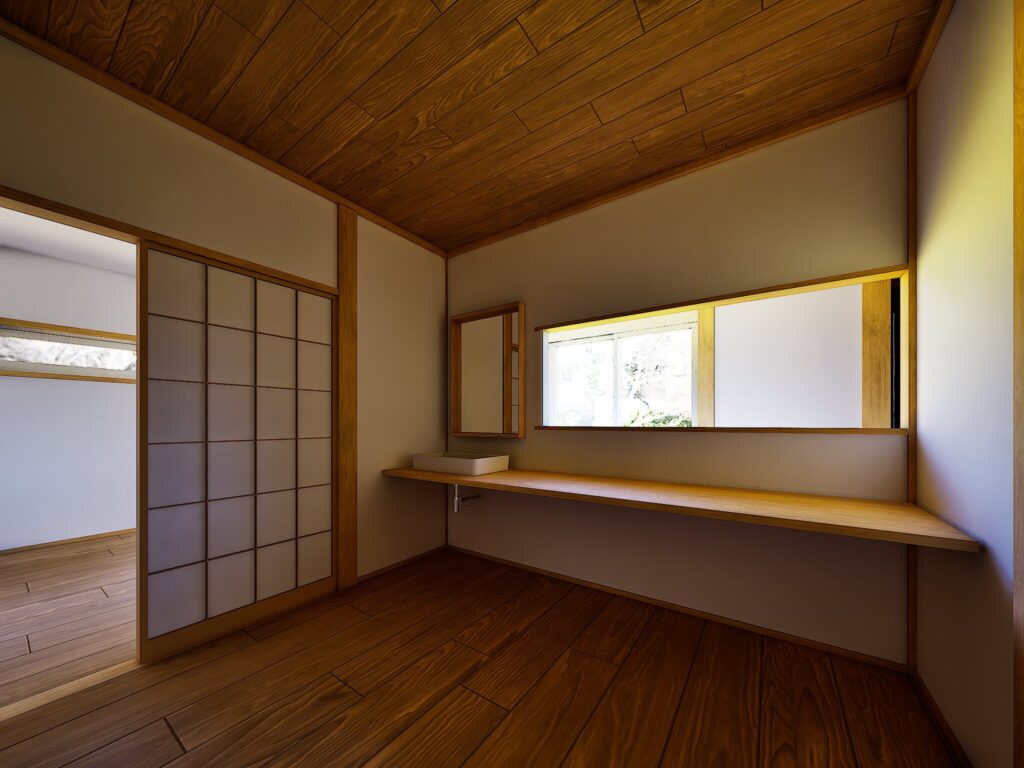 障子越しに柔らかな光が差し込む水回り。和の趣を活かしたリノベーションで、身支度の時間が穏やかなひとときに変わります。