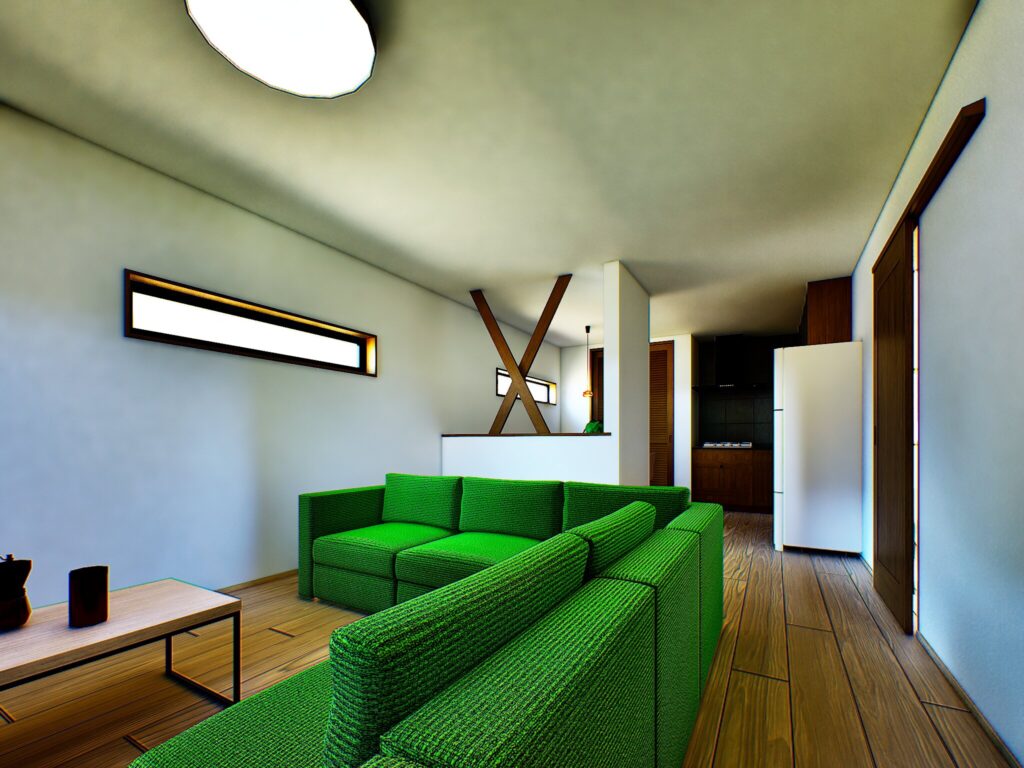 リビングからキッチンまで見渡せる設計は、どこにいても家族の気配を感じられます。横長のスリット窓から差し込む光が、無垢材の床をやさしく照らします。