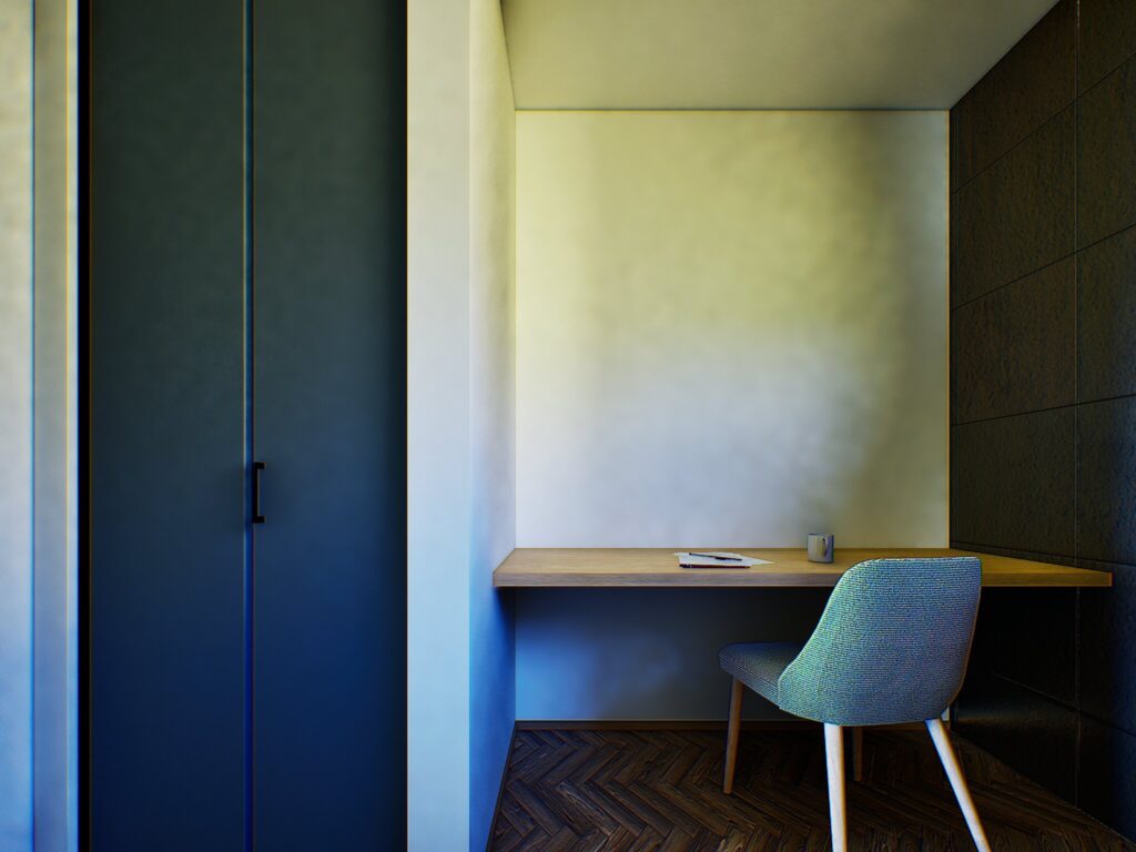 ちょっとした書き物や仕事に集中できるよう、造作のデスクカウンターを設けました。ライフスタイルに寄り添う、リノベーションならではの自由な間取りのアイデアです。