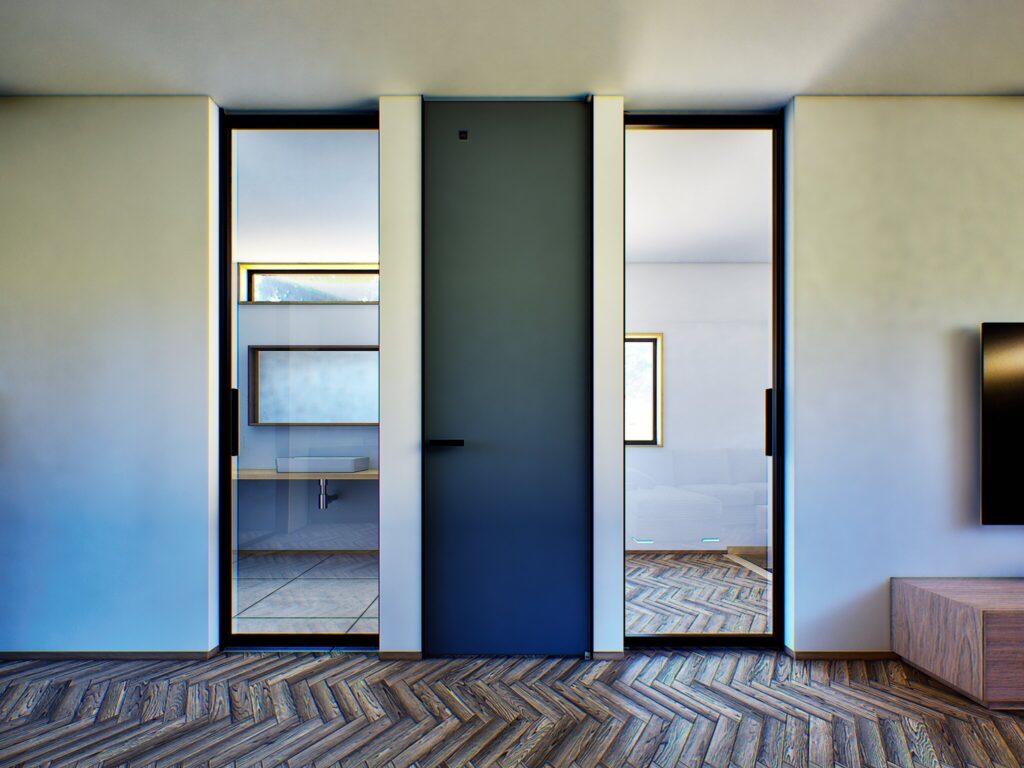 洗面室や奥の部屋へ自然光を届けるため、ドアの配置と素材にこだわってリノベーションしました。