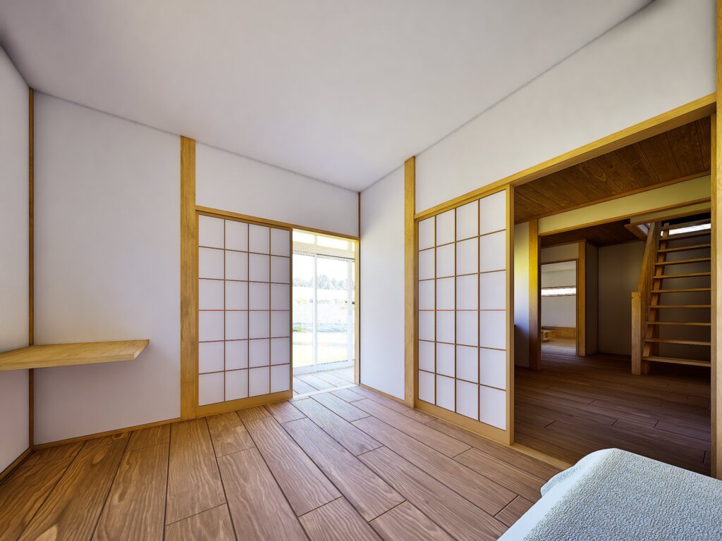 障子の先にある縁側から静岡の穏やかな光が広がり、リノベーションされた新しい空間を優しく照らし出します。