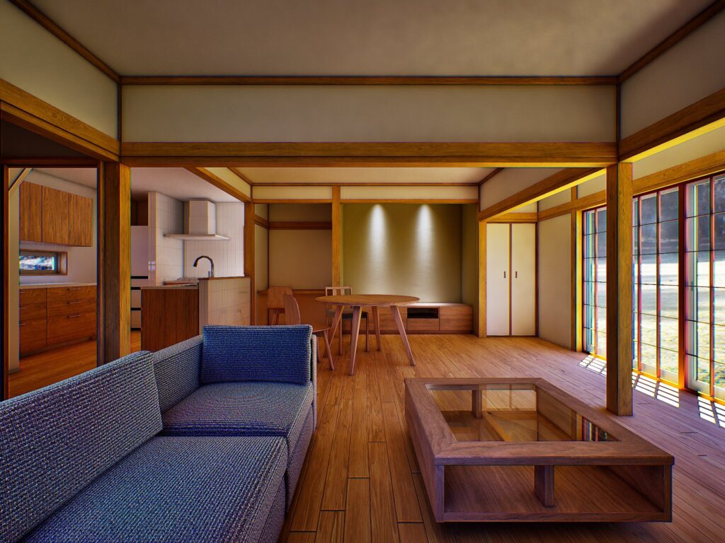 冬場は冷え込む場所ですが、断熱改修によって一年中快適に過ごせる設計。受け継がれた床柱や梁が、空間に深い落ち着きを与えます。