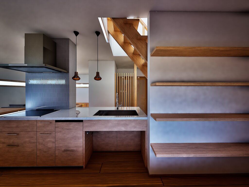 タイルと無垢材を組み合わせ、機能美とデザインを両立しました。家事動線の中にワクワクをプラスした、素朴で心地よい間取り設計です。