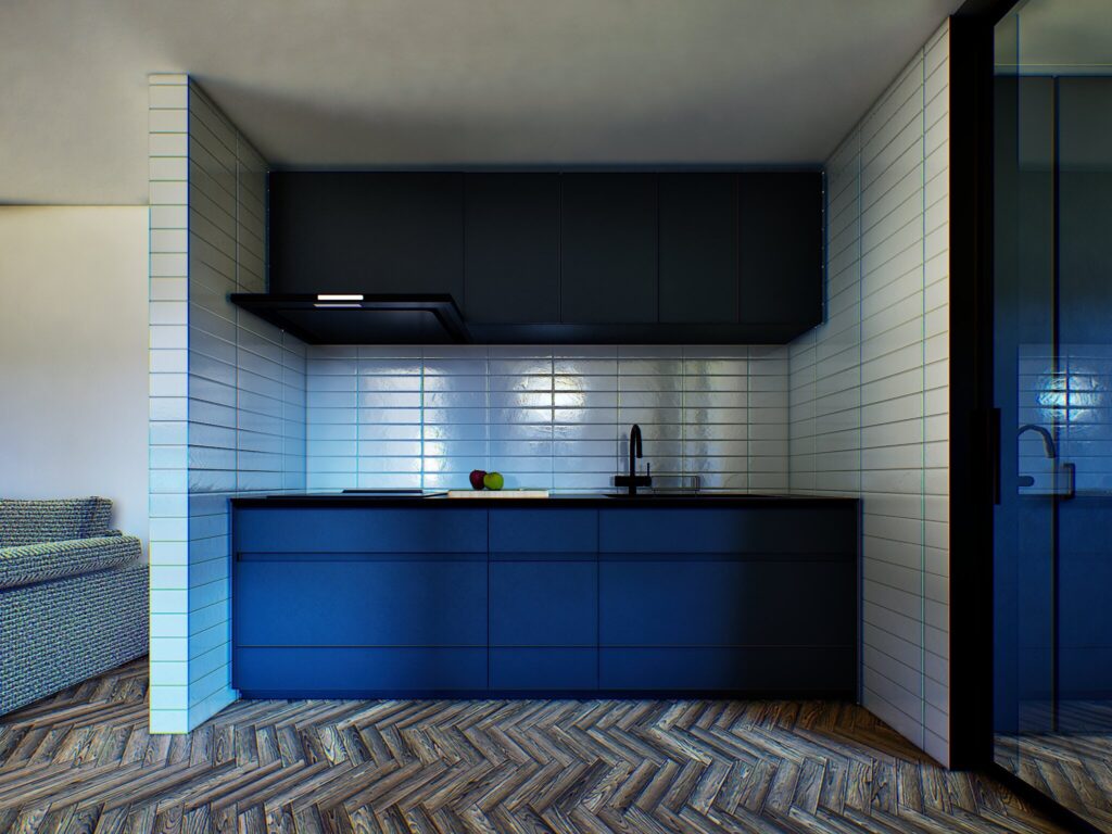 白いタイルとネイビーの面材が調和するキッチンは、毎日の料理を特別な時間にしてくれます。かつての空き家が、使い勝手の良いモダンな間取りへと見事に生まれ変わりました。