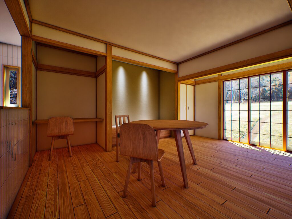 床の間にスポットライトを当て、陰影を楽しむ大人びたリビングに仕上げました。古い中古住宅だからこそ出せる、新築にはない趣（おもむき）があります。