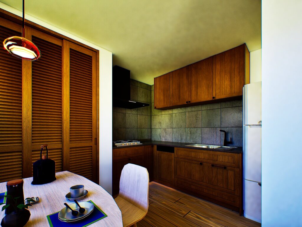 重厚感のあるタイルの壁面と、温かな木製の棚を組み合わせたリノベーション。静岡の豊かな食材を料理するのが楽しくなるような、こだわりの調理スペースです。