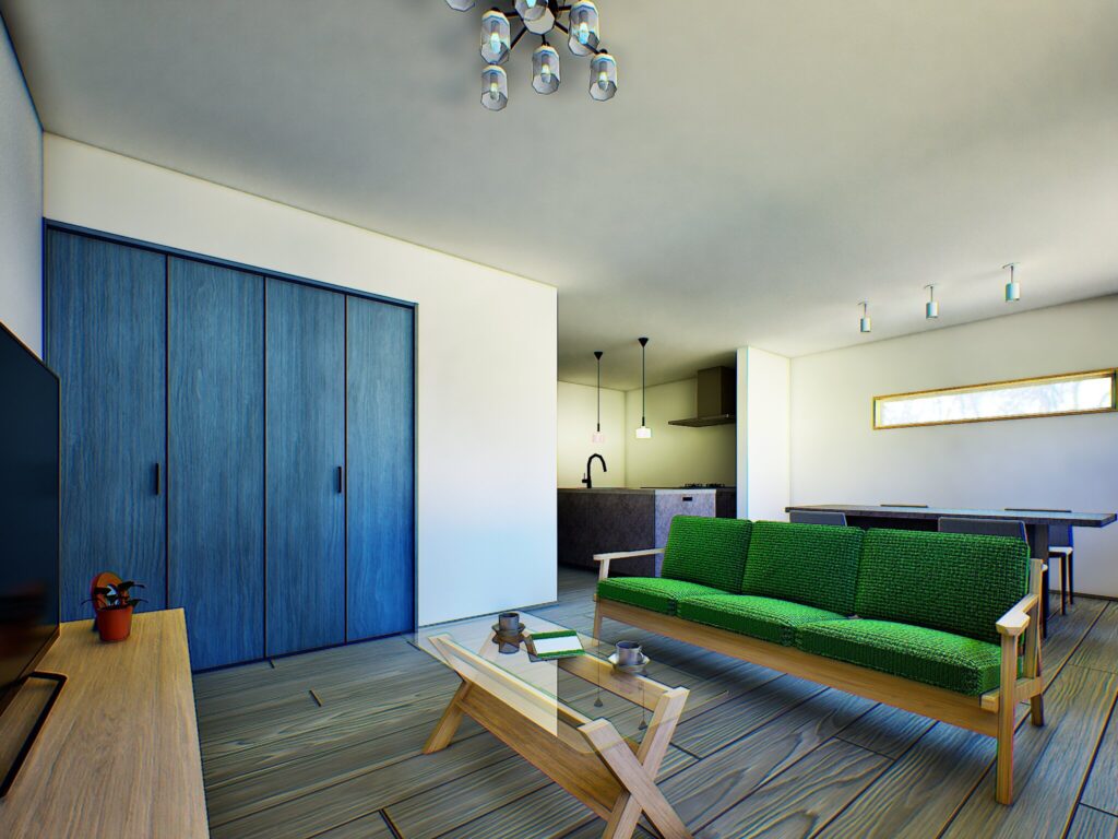 木目の美しいフローリングに、深みのあるブルーの建具がアクセントとして彩りを添えています。