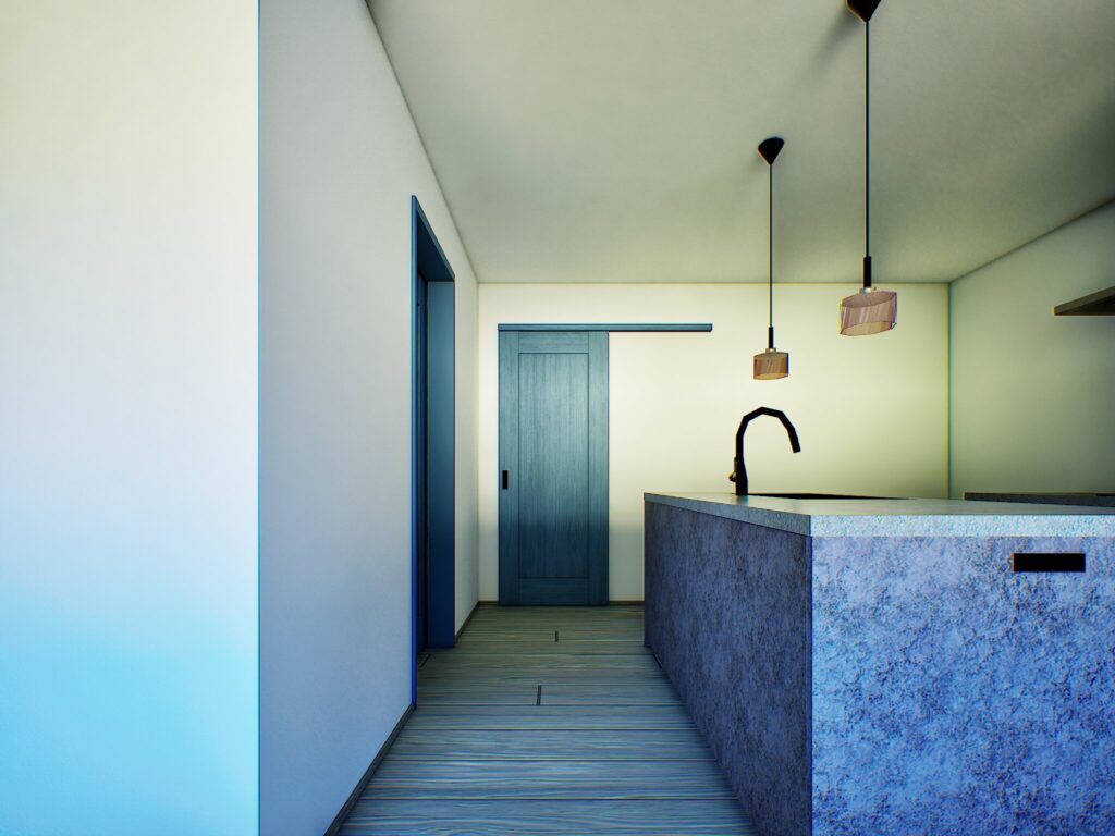 モルタル調の重厚なカウンターとブラックの水栓が、リノベーションならではの洗練された雰囲気を演出します。静岡の特産品を並べて楽しむ、豊かな食卓が目に浮かびます。