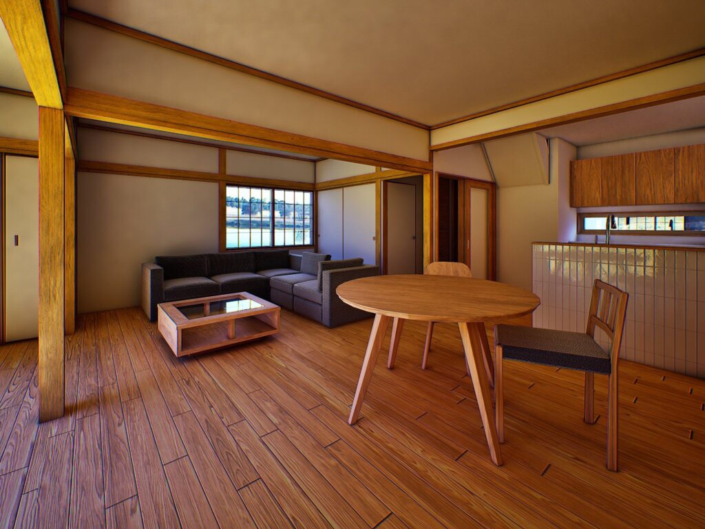 駿河区西脇の穏やかな陽の光を最大限に採り入れる、開放的な間取りへと一新しました。既存の梁や柱を現し（あらわし）にすることで、家が本来持っていた力強さと歴史が、デザインの核心となります。