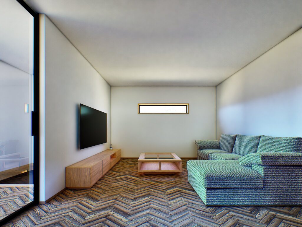 テレビボード周りはすっきりとまとめ、お気に入りの家具が引き立つシンプルな空間に仕上げました。静岡の穏やかな日差しが差し込む、くつろぎの場所です。