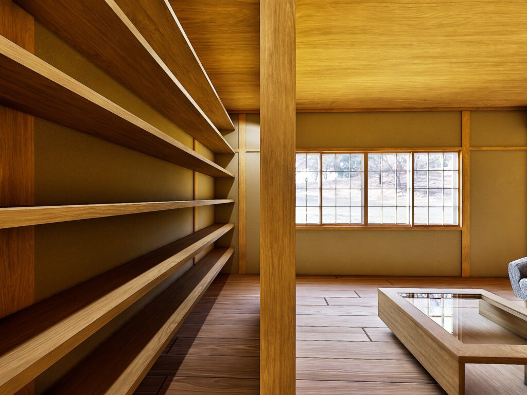 島田市御仮屋町の中古戸建で床の間を造り付け本棚へ改修したパース。和の構造柱を残しつつ大容量の収納力を確保し、図鑑や書籍を整理できる機能的な壁面デザイン。