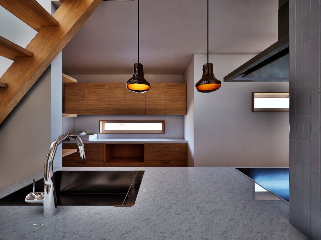 ペンダントライトが手元を優しく照らし、無垢材の収納が木の温もりを伝えます。ディテールまでこだわった、毎日の料理が楽しくなるリノベーションです。