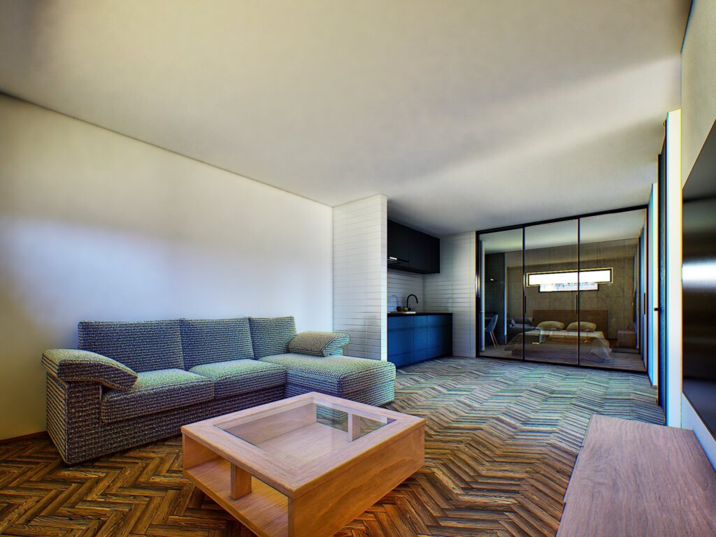 牧之原市細江の空き家を、視線が奥まで抜ける開放的な間取りへとリノベーションしました。表情豊かなヘリンボーンの床材が、新しい暮らしに温かなリズムを生み出します。