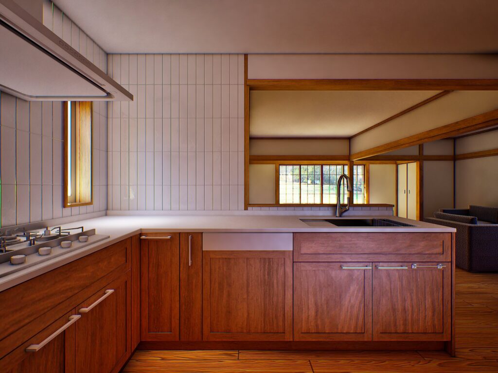 駿河区西脇の豊かな自然を室内に取り込む設計。無垢材のフローリングと、現代的な木目調キッチンが美しく調和しています。