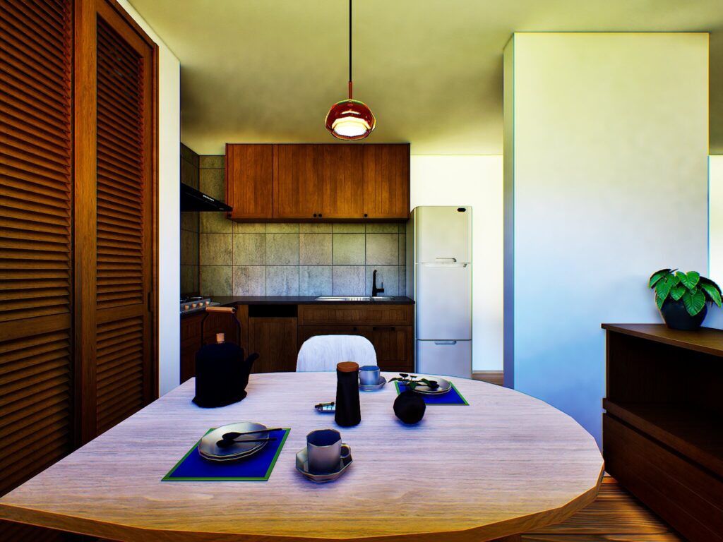 収納力のある木目調のキッチンは、空き家再生ならではの落ち着いた雰囲気を醸し出します。