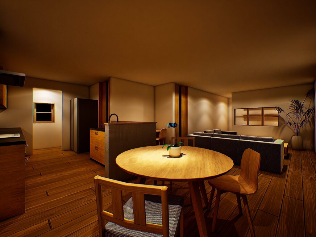 間接照明が照らす丸いテーブルと奥に続くキッチンの夜の情景