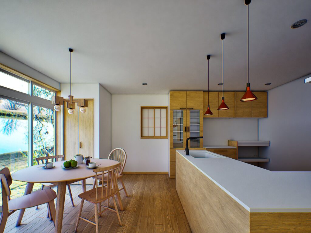 手元を優しく照らすペンダントライトが、日々の食卓を特別に彩ります。リノベーションで新設した対面式キッチンは、料理中も家族とのつながりを感じられる設計です。