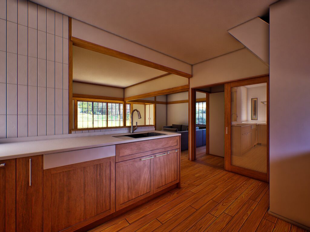 かつての空き家に、機能的なL字型のリノベーションキッチンを導入しました。隣り合う和室との壁を払い、広々とした間取りを確保。既存の窓を活かした設計が、豊かな採光と開放的な動線をもたらします。