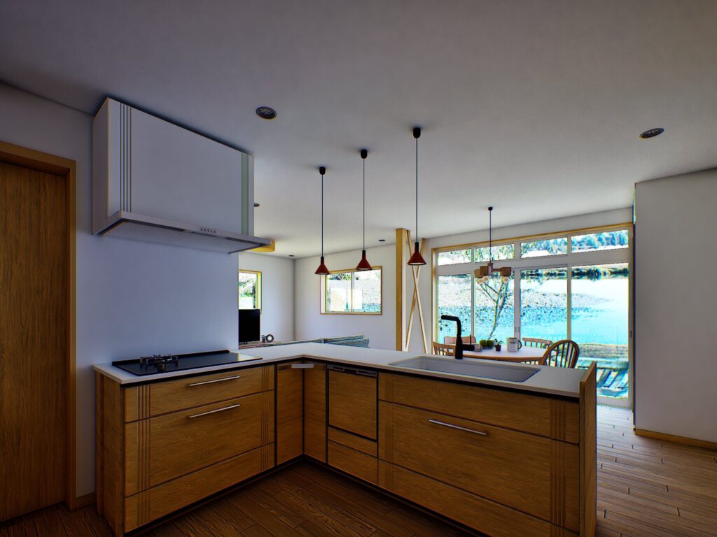 木目が美しいキッチンは、効率的な動線で家事の時間を豊かにしてくれます。マットな質感の設備とライティングが調和し、空き家だった頃を忘れるような落ち着いた空間を演出しました。