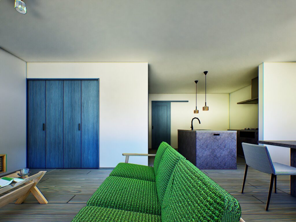 リノベーションで実現した対面式キッチンからは、リビングで寛ぐ家族の様子が一目で分かります。ライティングにもこだわり、お料理中も手元を優しく照らす設計です。