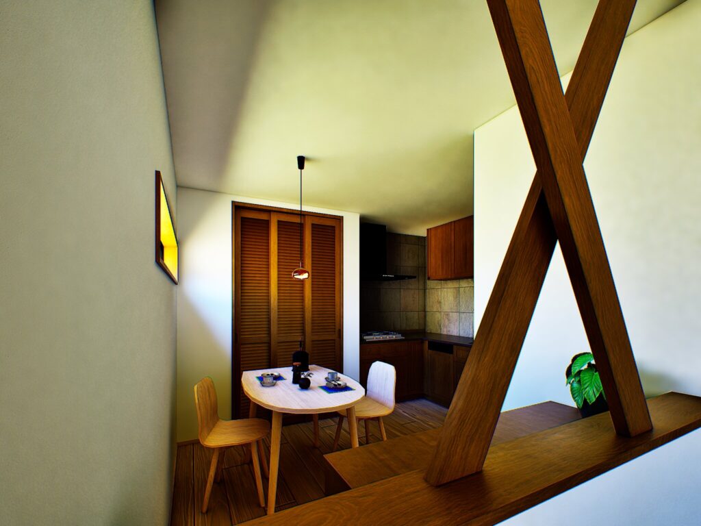 藤枝の穏やかな空気に馴染むよう、木の筋交いを意匠として取り入れました。お気に入りのペンダントライトの下で、毎日の食卓がより豊かな時間へと変わります。