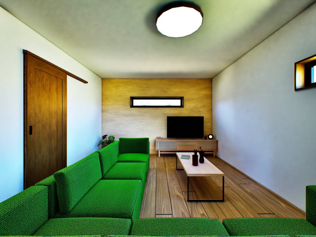 壁一面に木の質感を活かしたリノベーションを行い、落ち着きのあるリビングに仕上げました。