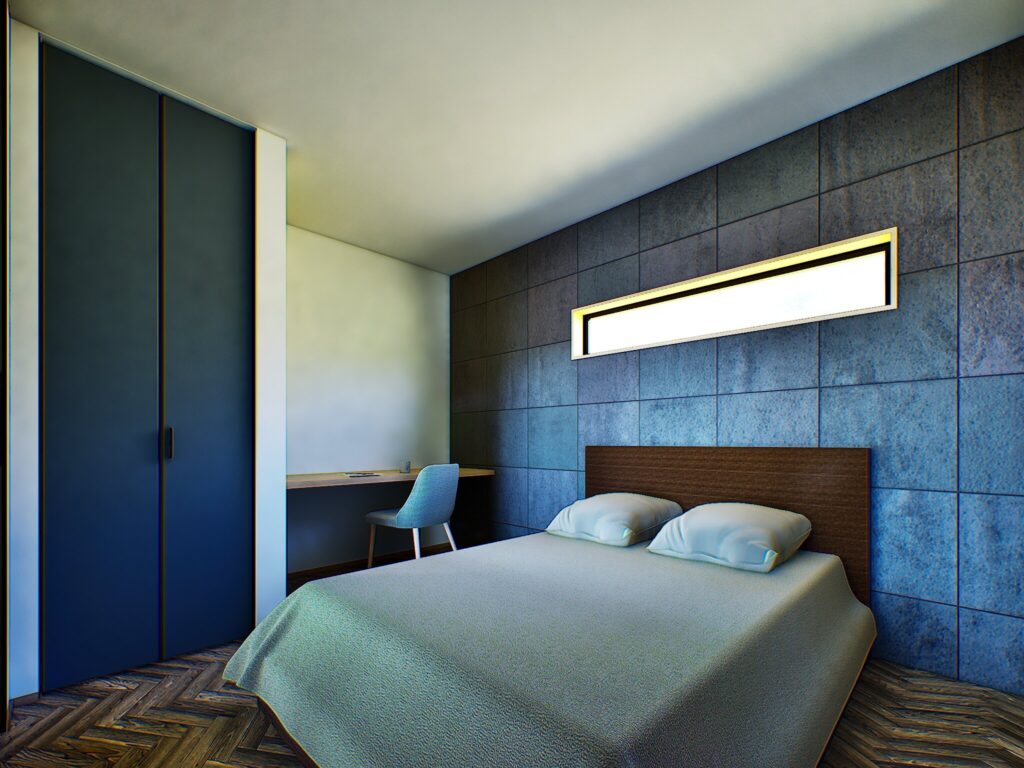 牧之原市細江の静かな夜を楽しむため、間接照明の優しいライティングと深みのある壁材を採用しました。